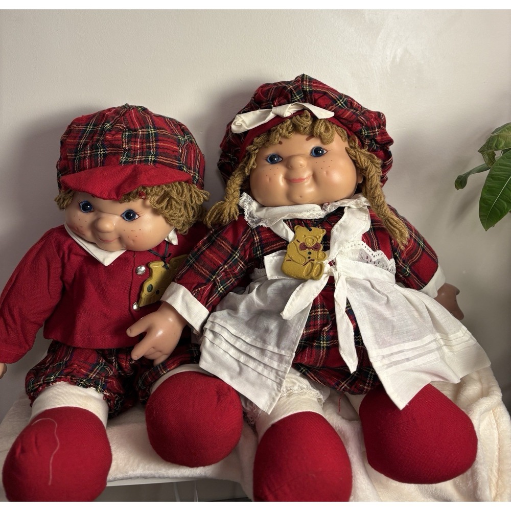 Vintage Style Boy and Girl Plaid Holiday Dolls Pair Red Tartan Yarn Hair Freckle